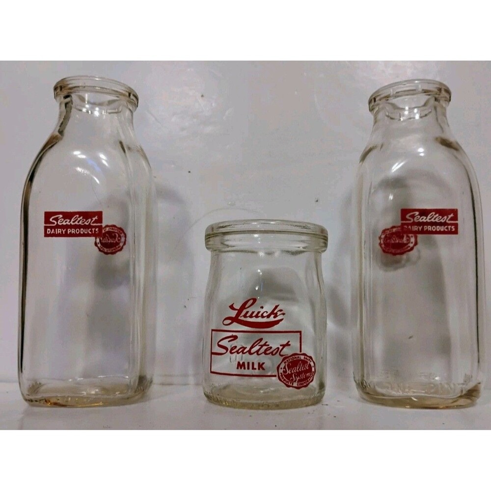 3 Vintage Sealtest Milk Bottle Lot 2 Quarts 1 Half Pint Red Pyroglaze Glass